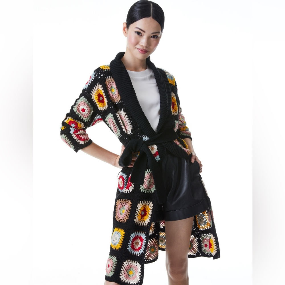 Alice & Olivia Jillian Crochet Robe Cardigan belted M/L NWT granny sweater